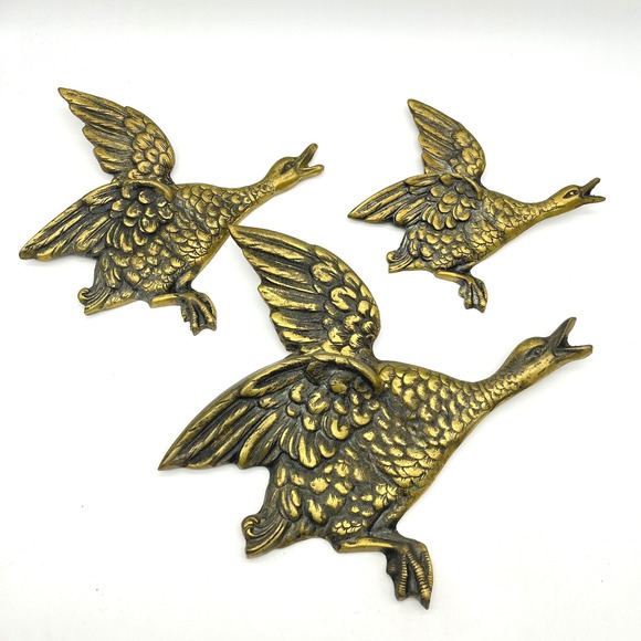 Vintage Brass Flying Ducks Wall Decor Set of 3 Mid Century Flying Geese